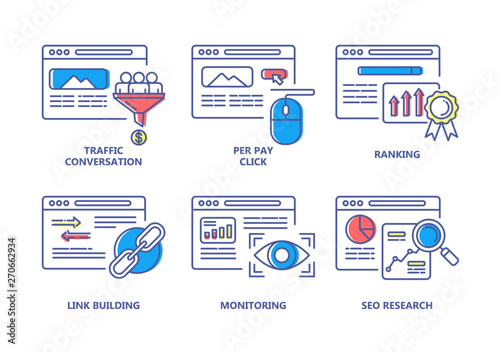 SEO and digital marketing color line icons set.