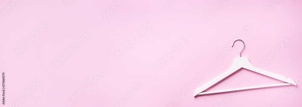 White clothes hangers on pink background with copy space. Flat lay. Top  view. Minimalism style. Creative layout. Fashion, store sale, shopping  concept. Banner for feminine blog Stock Photo | Adobe Stock