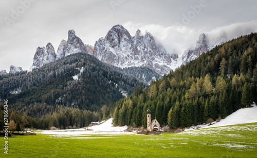Obraz na płótnie Snowy spring view on Church of St. Johann in Santa Magdalena, famous travel location Dolomite Alps, Italy w salonie