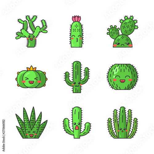 Cactuses cute kawaii vector characters