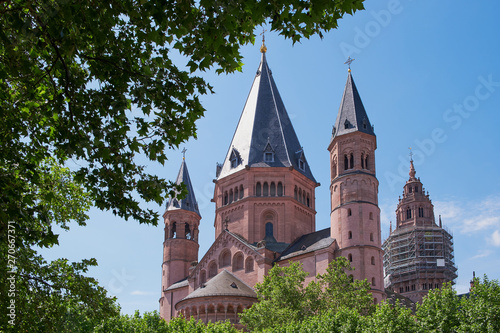 st. martin cathedral, dom of Mainz, Germany on a sunny day, photographed through green trees