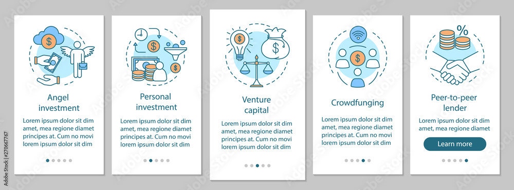 Naklejka premium Startup investment onboarding mobile app page screen with linear concepts