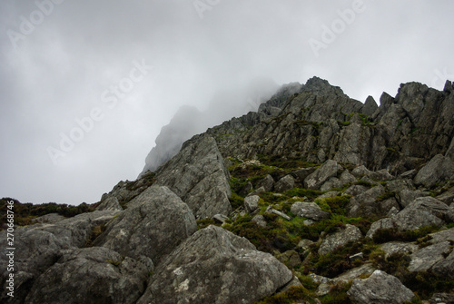Peak of Mt Tryfan in snowdonia, shrouded in cloud