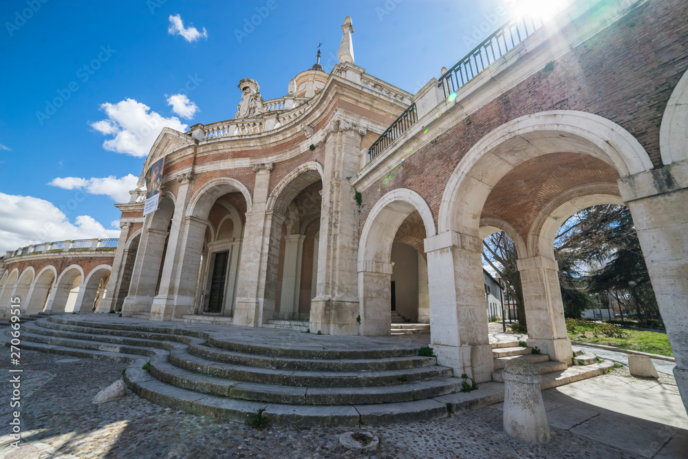Church of San Antonio in Aranjuez, Madrid, Spain. Stone arches and walkway linked to the Palace of Aranjuez