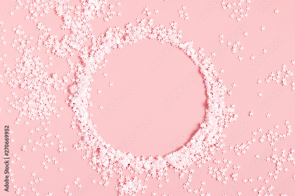 Festive light pink elegant background. Round frame and stars on pastel pink  background. Christmas, New Year, birthday concept. Flat lay, top view, copy  space Stock Photo | Adobe Stock