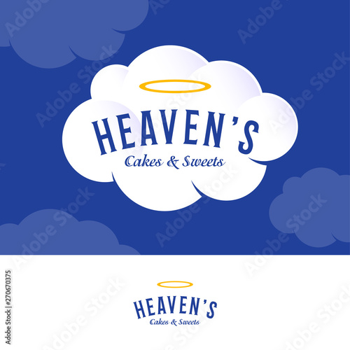 Heaven’s Logo. Bakery and pastry logo on white cream cloud. Letters and golden nimbus.