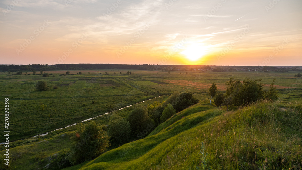 Fototapeta premium Sunset in the meadow birds fly, Panorama 
