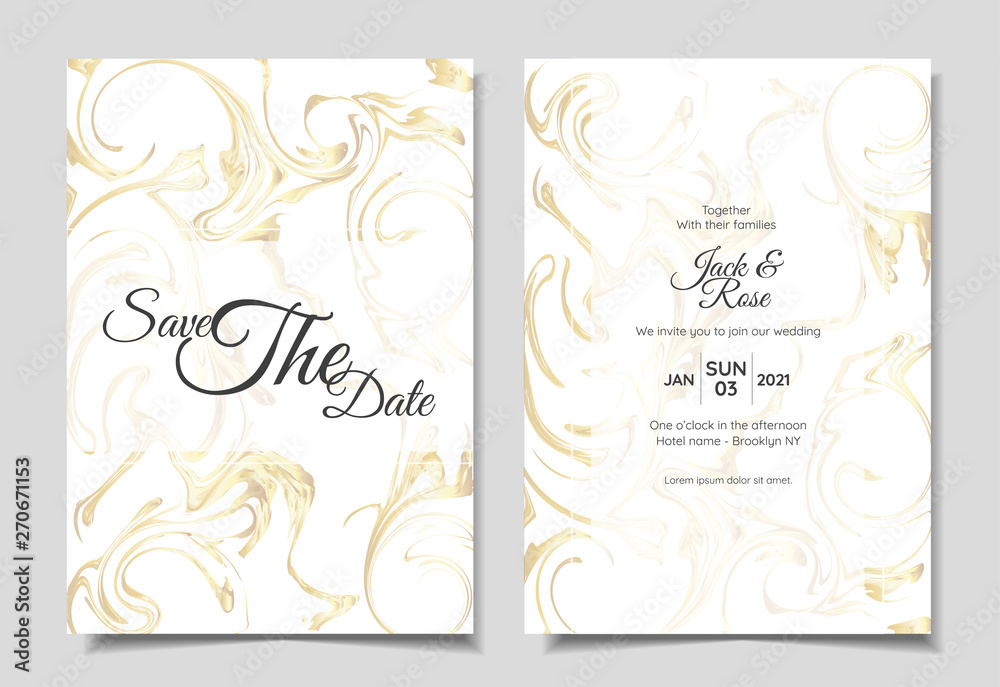 Wedding Invitation Set of Luxury Liquid Golden Marble Textures Modern Design. Trendy Background Multi-purpose Cards Template like Poster, Cover, Book, etc