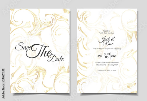 Wedding Invitation Set of Luxury Liquid Golden Marble Textures Modern Design. Trendy Background Multi-purpose Cards Template like Poster, Cover, Book, etc