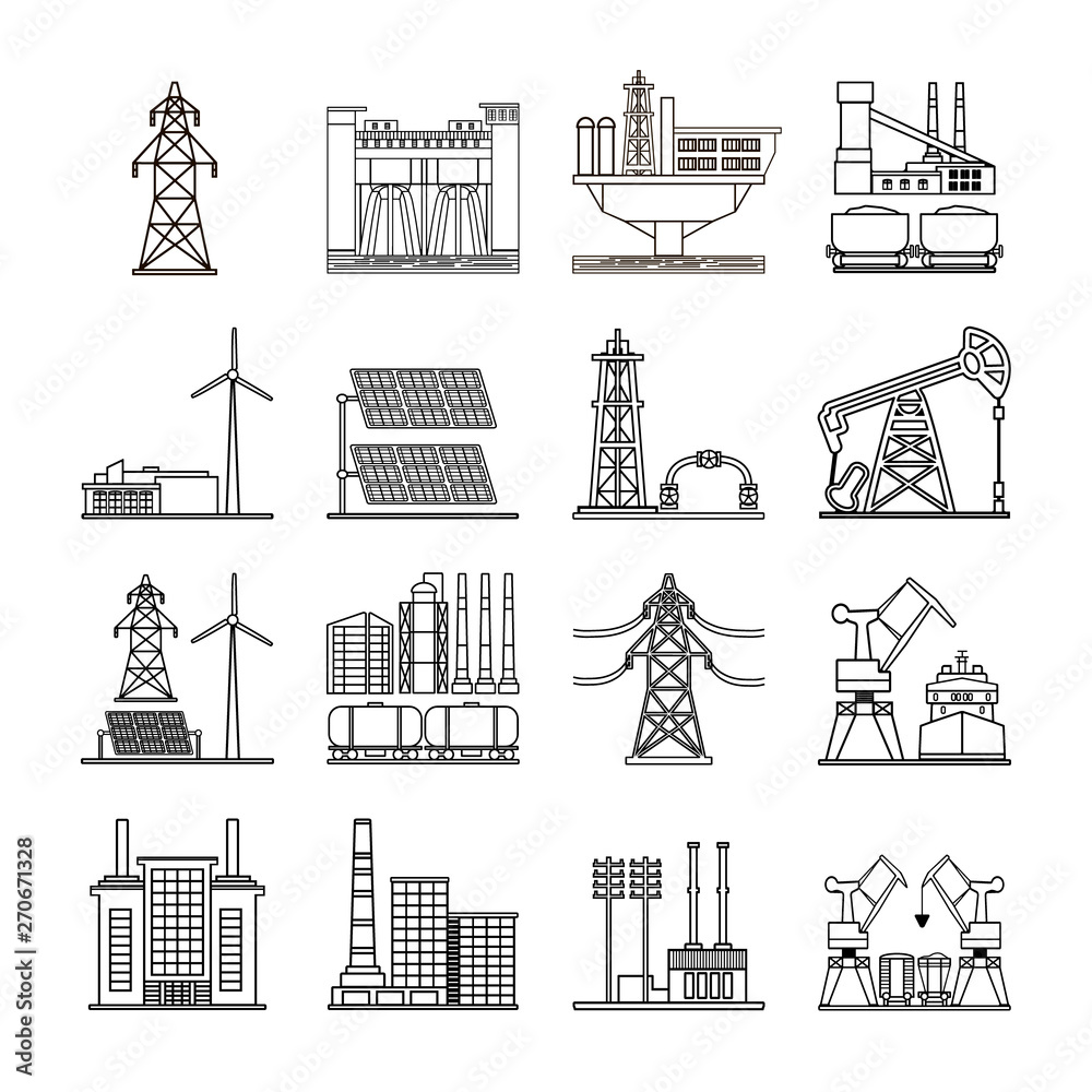 Set of abstract  heavy industry icons featuring energy, hydro power, wind generators, wind and solar power, oil rigs, mining, power lines, sea port infrastructure, industrial equipment. 