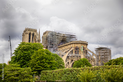 Notre Dame de Paris after fire. Reinforcement work in progress after the fire, to prevent the Cathedral to collapse, Paris