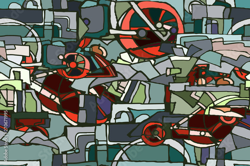 Vector seamless pattern with abstract vintage fantasy steam locomotives illustrating vintage design or technology or steampunk concept. Hand drawn.