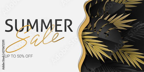 Hello summer, summertime. The text poster against the background of  gold tropical plants. Palm leaves, jungle leaf and handwriting lettering. The poster for sale and an advertizing sign.  Vector