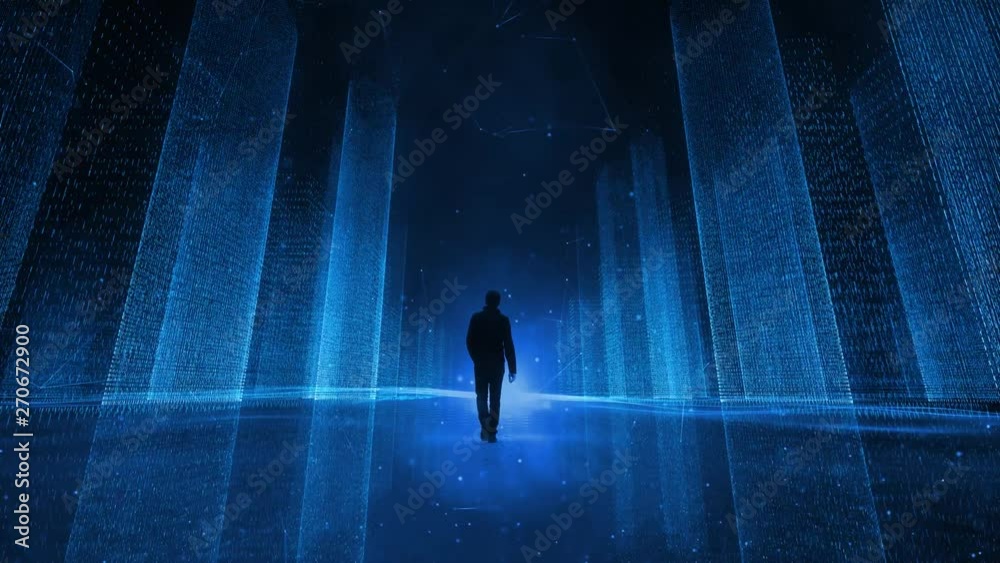 Businessman walks on digital computer cyberspace network road.