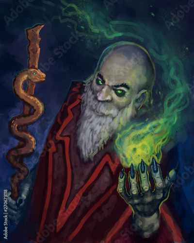 Dark evil wizard casting a green magic spell with glowing eyes and copper snake staff - digital fantasy painting