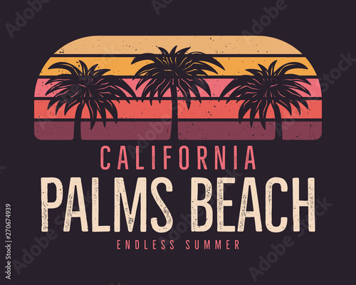 California Palms Beach Graphic for T-Shirt, prints. Vintage hand drawn 90s style emblem. Retro summer travel scene, unusual badge. Surfing Adventure Label. Stock vector.