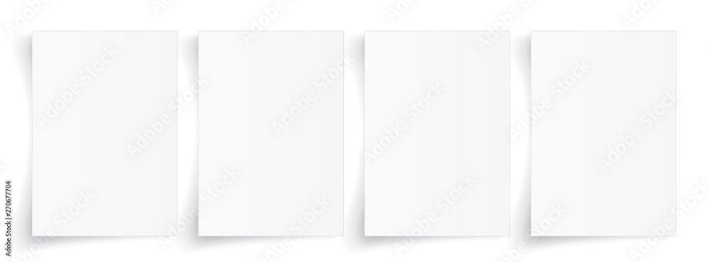 Blank A4 sheet of white paper with shadow, template for your design. Set. Vector illustration - obrazy, fototapety, plakaty 