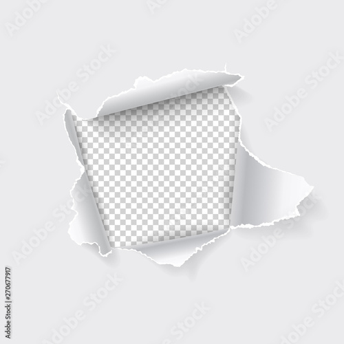 Torn hole in paper on transparent background. Vector illustration