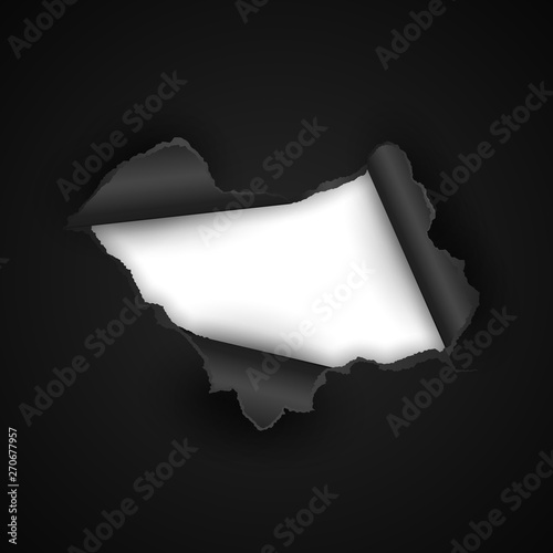 Torn hole in paper on black background. Vector illustration