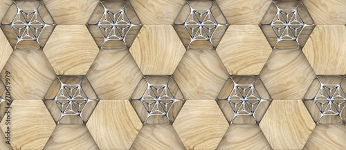 3D hexagon made of wood with silver decor. Material wood oak. High quality seamless realistic texture.