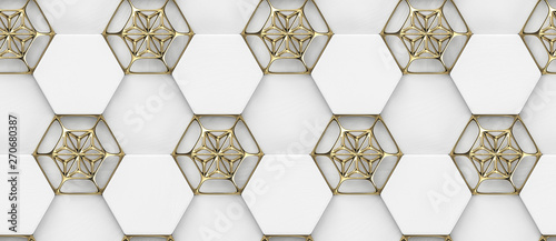 3D hexagon made of white painted wood with gold grid decor. High quality seamless realistic texture.