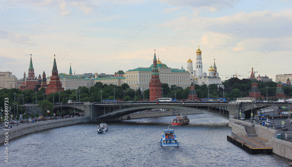 Moscow city skyline with Moskva river and Kremlin buildings 