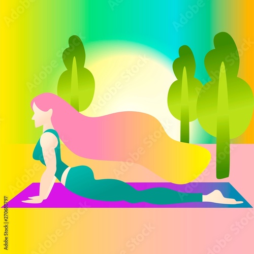 A woman started in yoga with a cobra pose. Bhujangasana. Colorful vector illustration Flat character design. Indigo fashion colors.Colorful watercolor background