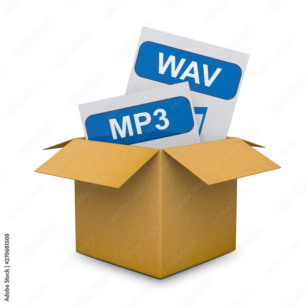 Music icons in a cardboard box isolated on white background - 3d illustration. Music icons in a cardboard box isolated on white background - 3d illustration.