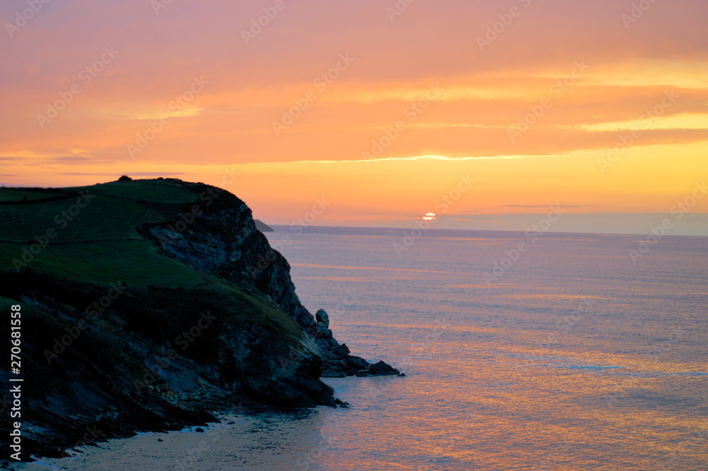 Sunset at the cliffs of the cantabrian coast. The cantabrian sea, Spain