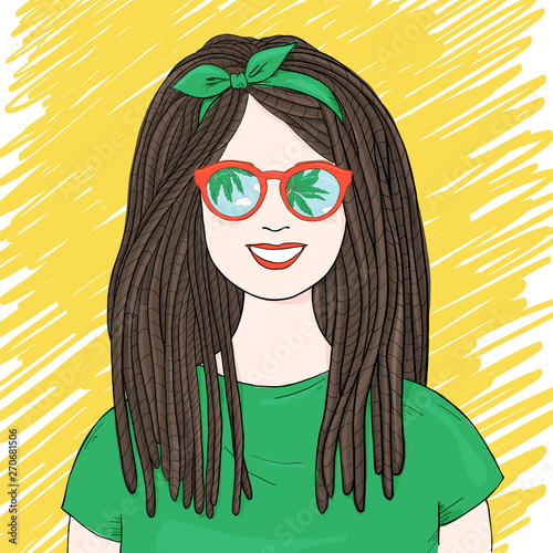 Woman with dreadlocks and sunglasses. Sunglasses reflect the sky and palm trees.
