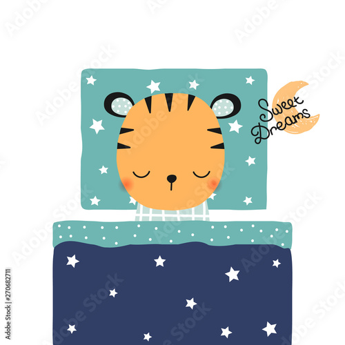 Cute tiger cub sleeping in bed. Bedtime kids print. Vector hand drawn illustration.