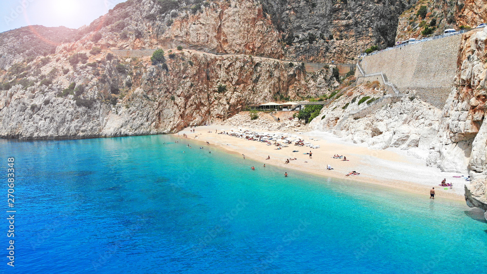 Aerial. Beautiful Kaputas beach with turquoise water, Turkey. Picturesque sea bay in southwestern Turkey.