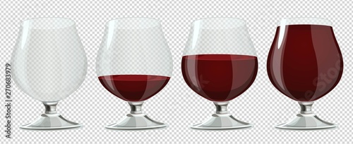 Cognac glass of blood or wine of varying degrees of fullness from empty to full on the background imitating transparency