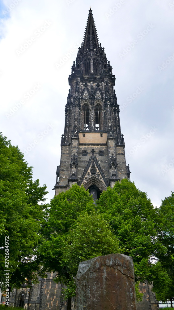 St. Nikolai church, spire of the church, which was almost completely destroyed in the bombing during the Second World War. HAMBURG, GERMANY, EUROPE