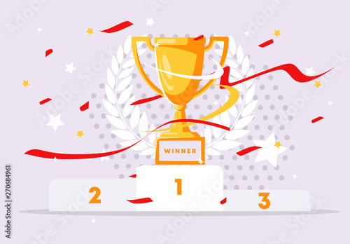 Vector illustration of the winners ' pedestal, champion Cup with confetti and ribbons, winner's wreath in the background