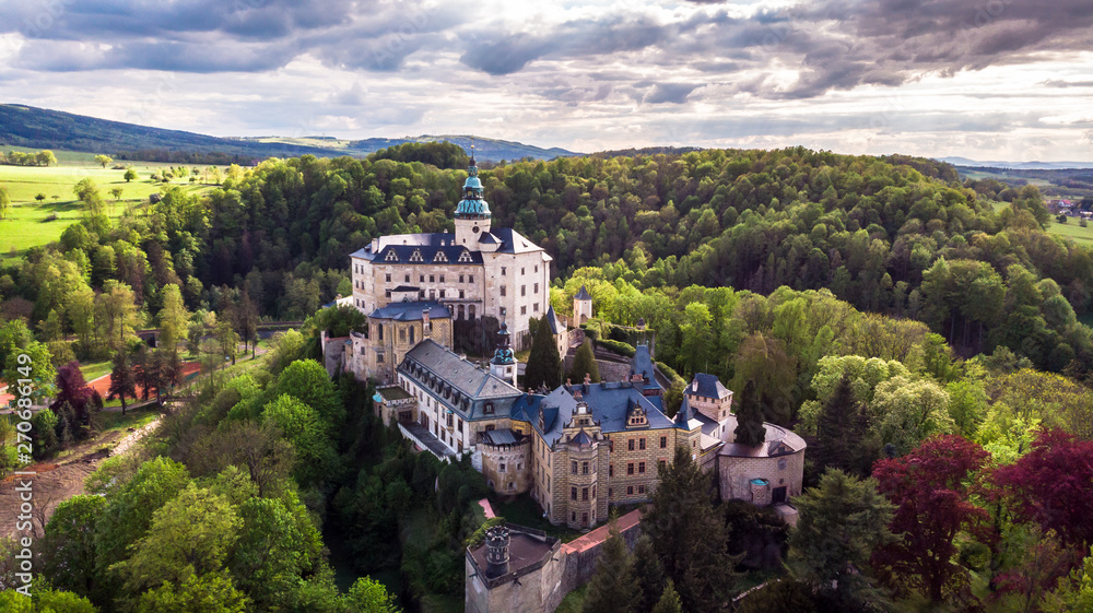 Aerial view of Medieval Gothic and Renaissance style castle on top of the hill in Frydlant, Czech Republic.