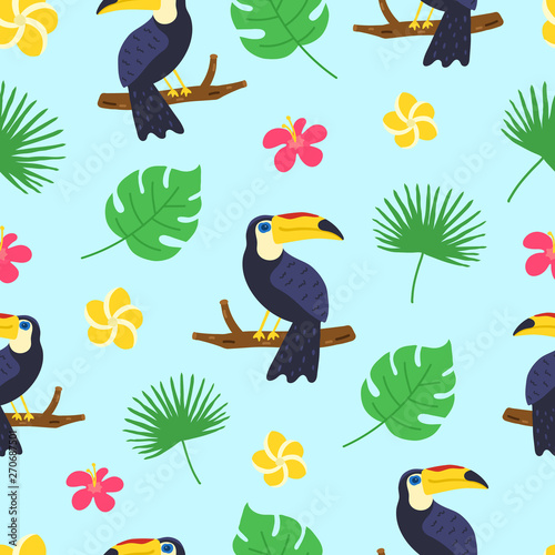 Toucan pattern. Exotic tropical texture for print, banners, poster template. Tropical seamless pattern. Cartoon doodle background. Vector illustration