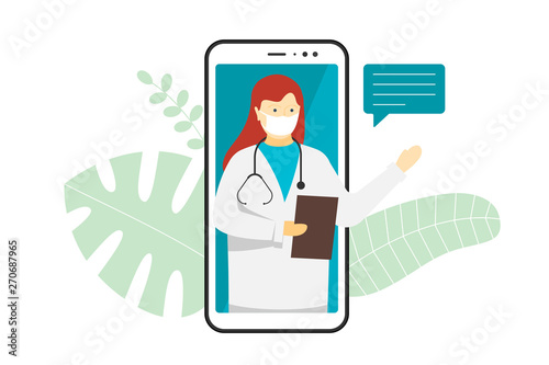 Doctor online mobile chat internet consulting. White woman in medical mask on smartphone screen with speech bubble and stethoscope. Healthcare consultation web service. Vector flat illustration