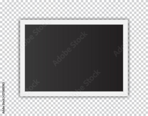 Horizontal isolated realistic photo frame. Black and white photo template isolated on transparent background. Vector illustration. 