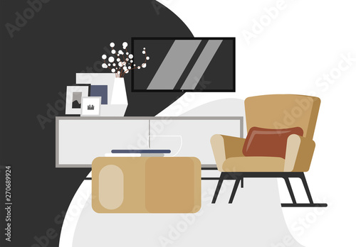 Vector illustration of individual interior elements, sofa, large TV, paintings on the shelf, upholstered furniture with an armchair, decorative vase
