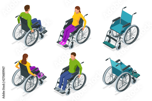 Isometric Wheelchair isolated. Man and Woman in Wheelchair. Medical support equipment. Health care concept.