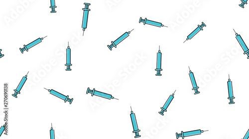Seamless pattern texture of blue disposable sharp medical pharmacetic syringe for pricks with medicine, drugs on a white background. Vector illustration