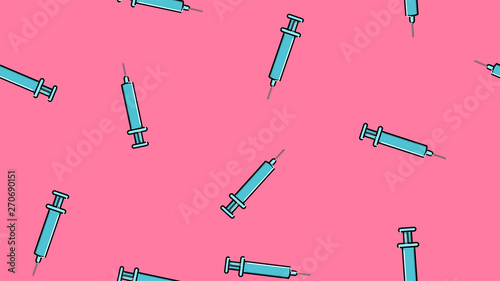 Fototapeta Naklejka Na Ścianę i Meble -  Seamless pattern texture of blue disposable sharp medical pharmacetic syringe for pricks with medicine, drugs on a pink background. Vector illustration