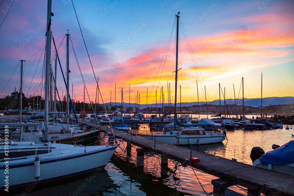 View of Geneva City and Lake Geneva Port after sunset