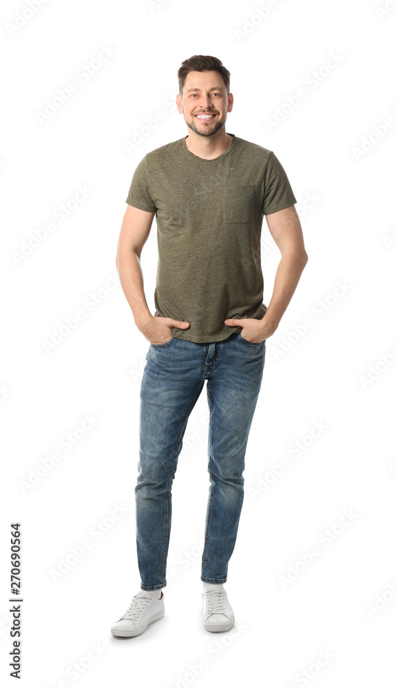 Fototapeta premium Full length portrait of handsome man posing on white background