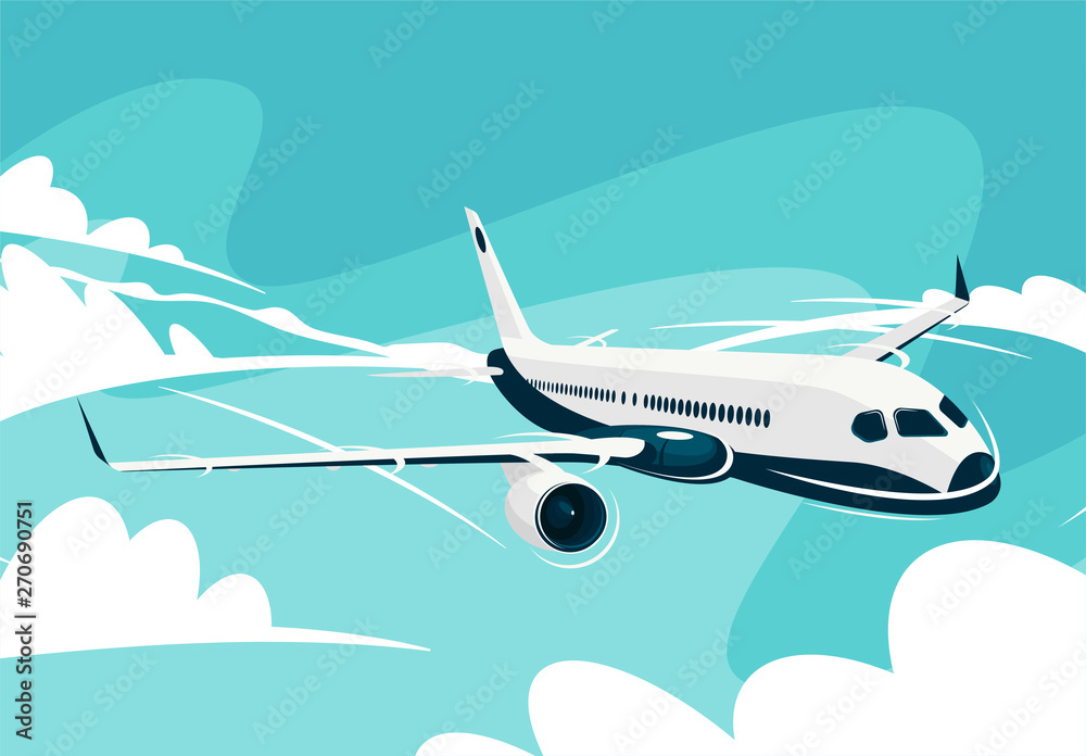 vector illustration of a civil aircraft flying in the clouds