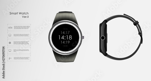 Vector realistic illustration of concept smart watch, technology functions and template text. Smart watch vector illustration.