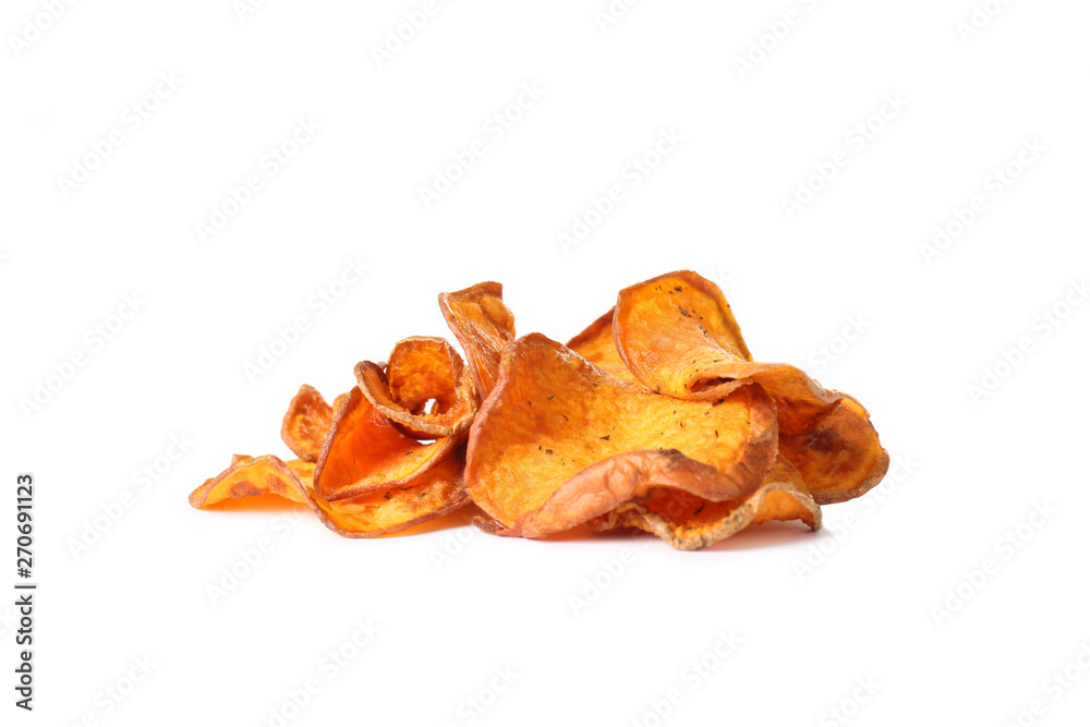 Pile of sweet potato chips isolated on white