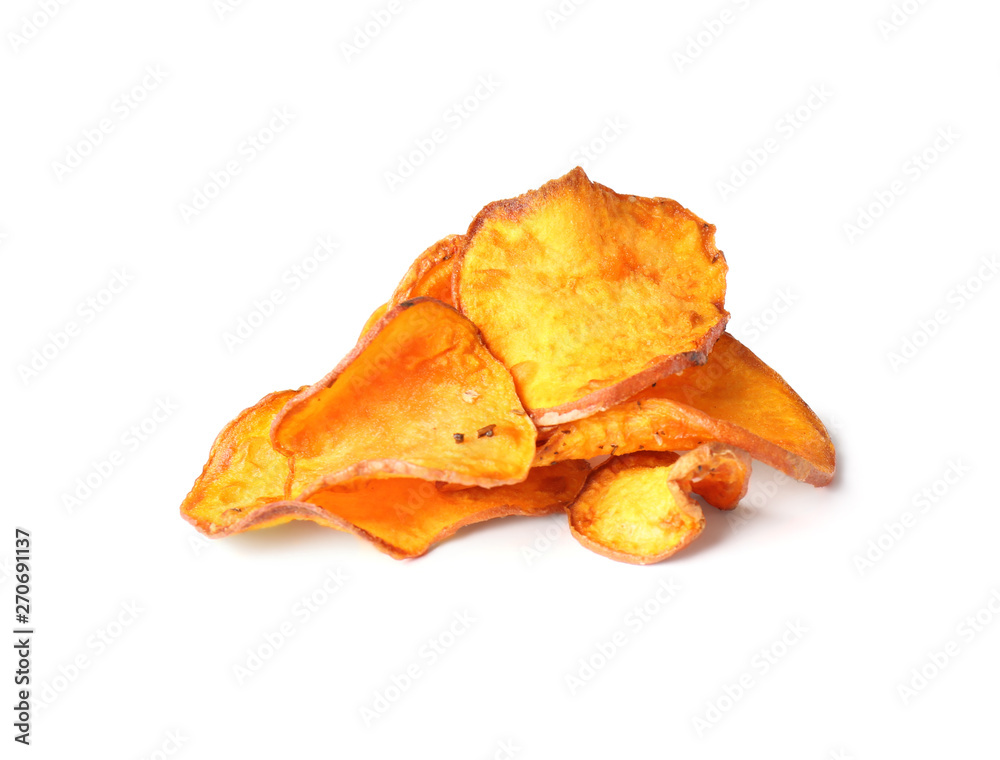 Pile of sweet potato chips isolated on white