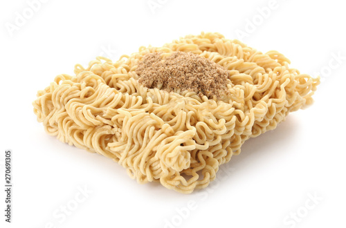 Block of quick cooking noodles with spices isolated on white